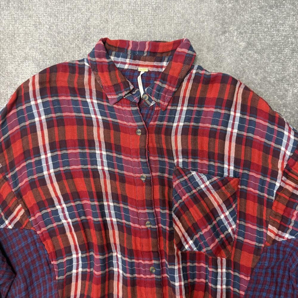 Free People Shirt Womens XS Red Blue Oversized Dolman Long Sleeve Patchwork - Picture 2 of 8